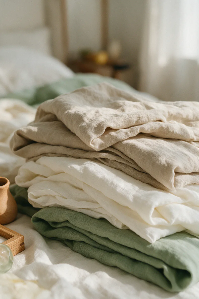 Rumpled washed linen bedding in oat, cream and sage layers.