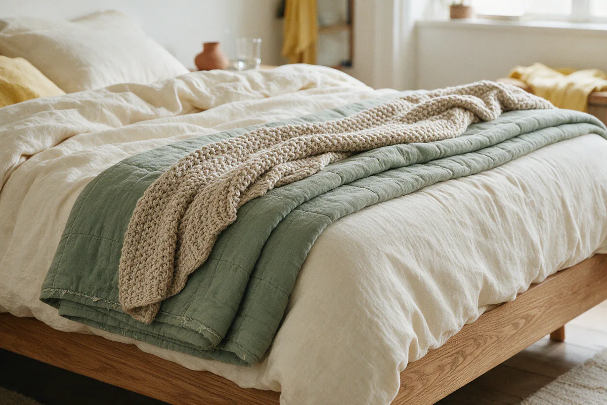 A layered bed with a cream duvet, a sage quilt and a knit throw.