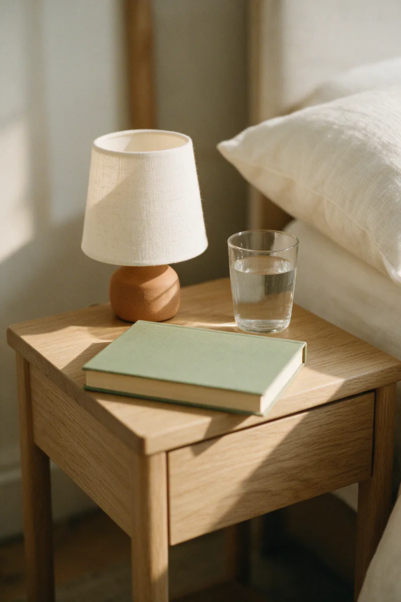 A wooden bedside table with a small lamp, a book and a glass of water.