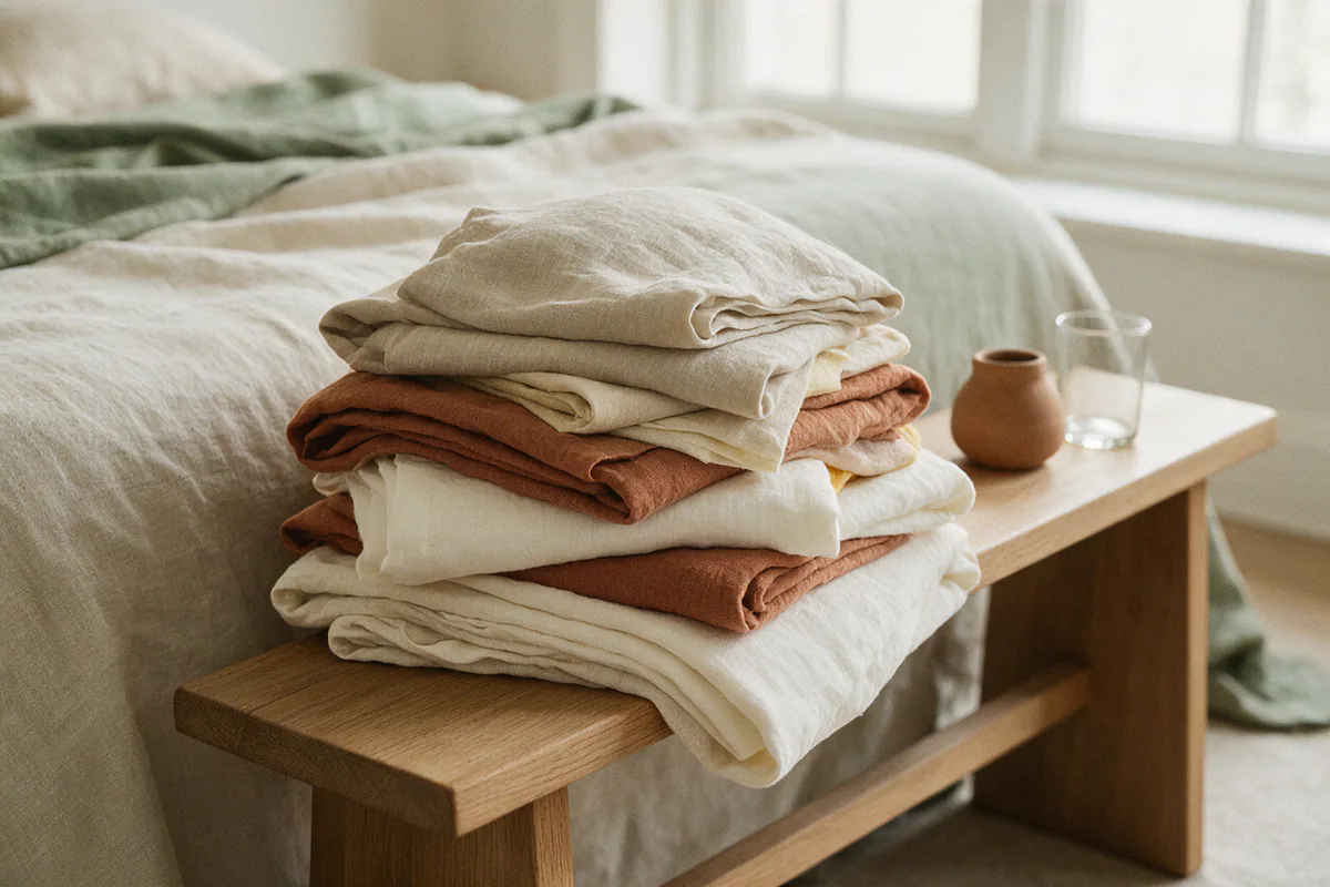 A folded stack of linen sheets in oat, rust and cream on a bench.
