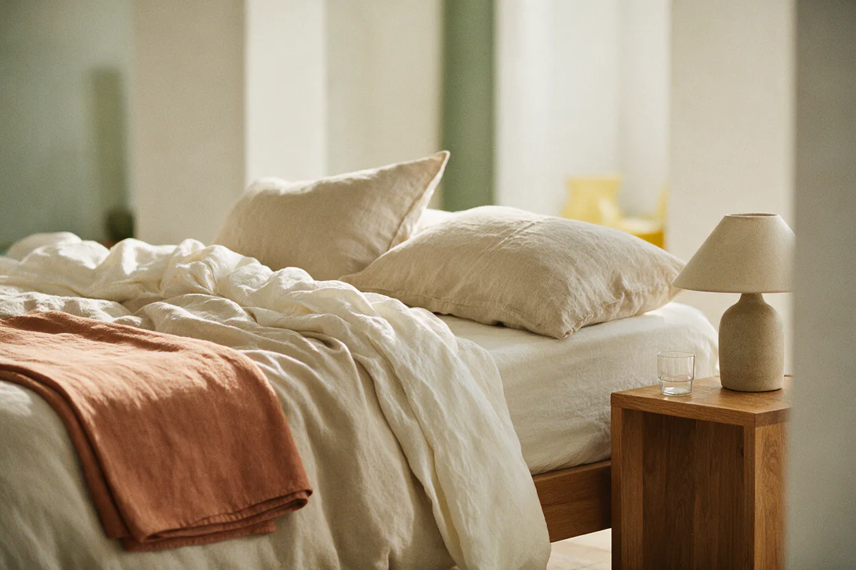 A relaxed bed made with oat linen sheets, a rust throw at the foot and soft morning light from a window.