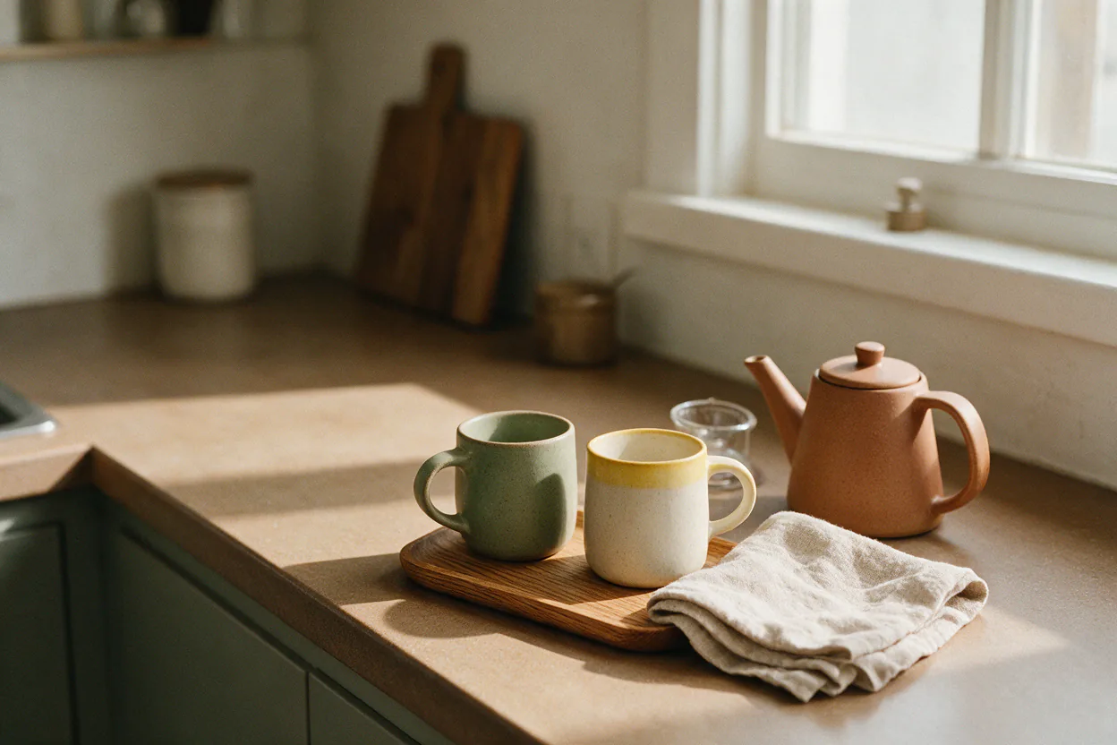 A small kitchen counter corner with a kettle, two ceramic mugs and a linen towel in soft morning light.