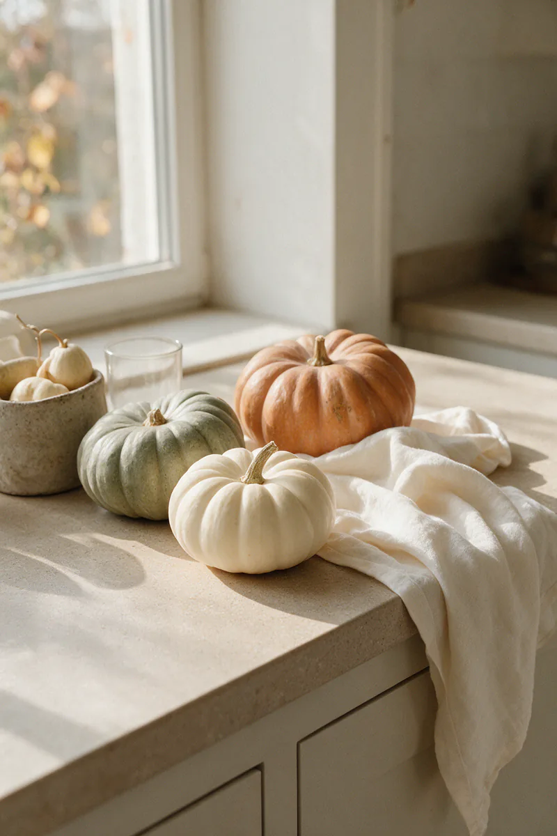 Small heirloom pumpkins and squash grouped on a wooden counter.