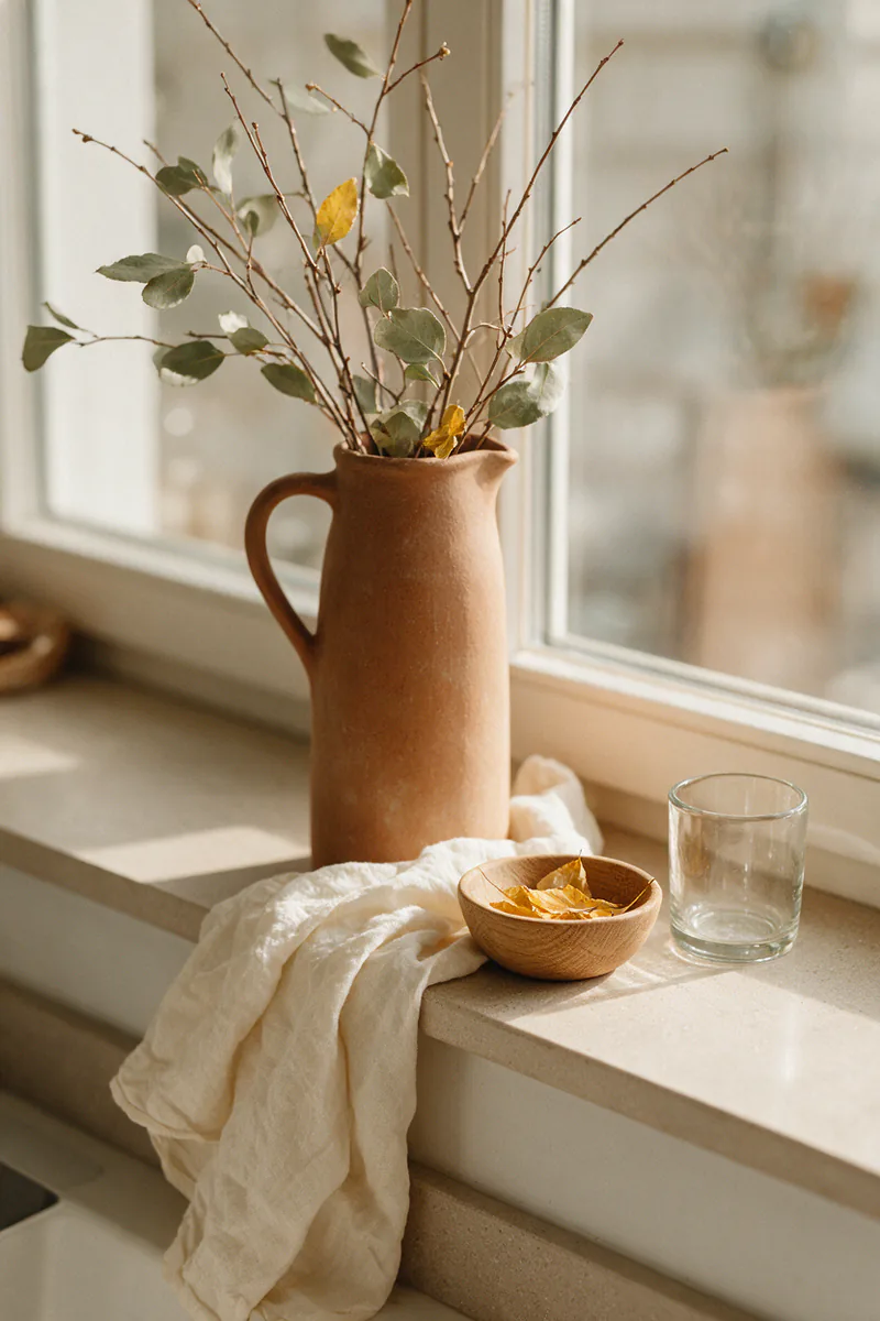 A tall jug of dried branches and autumn leaves on a windowsill.