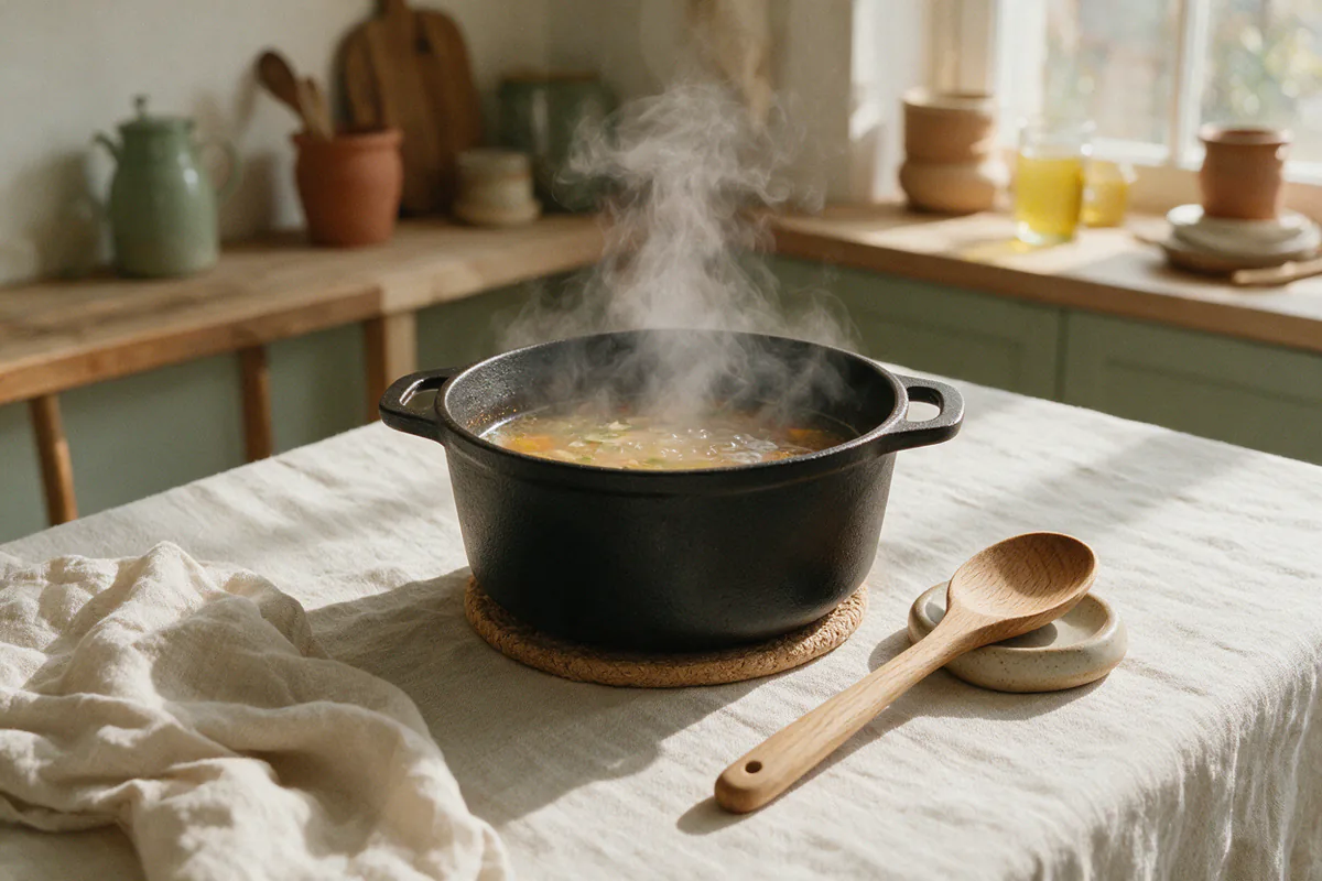 A pot of soup simmering on a stove with a wooden spoon on a rest.