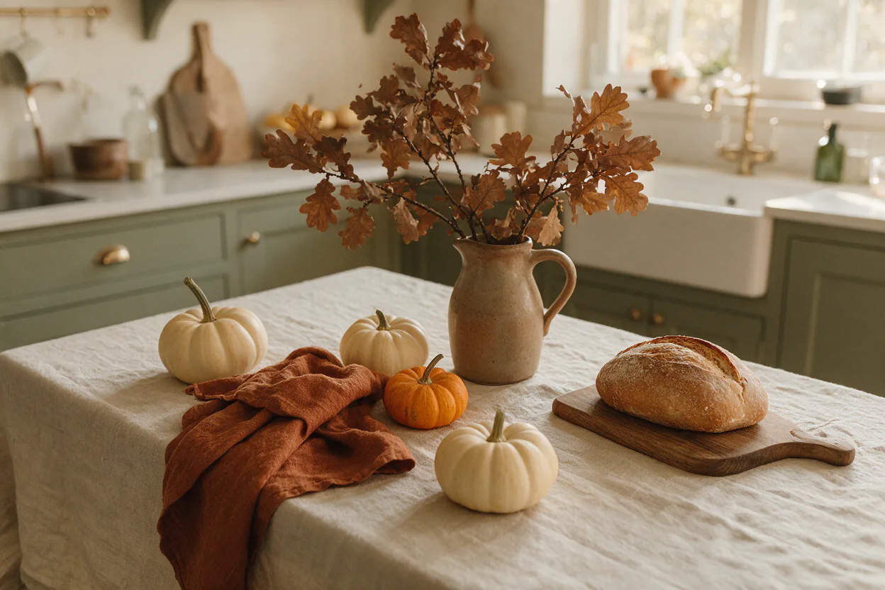 A warm kitchen counter in autumn with small pumpkins, a rust linen towel, a jug of dried branches and late afternoon light.