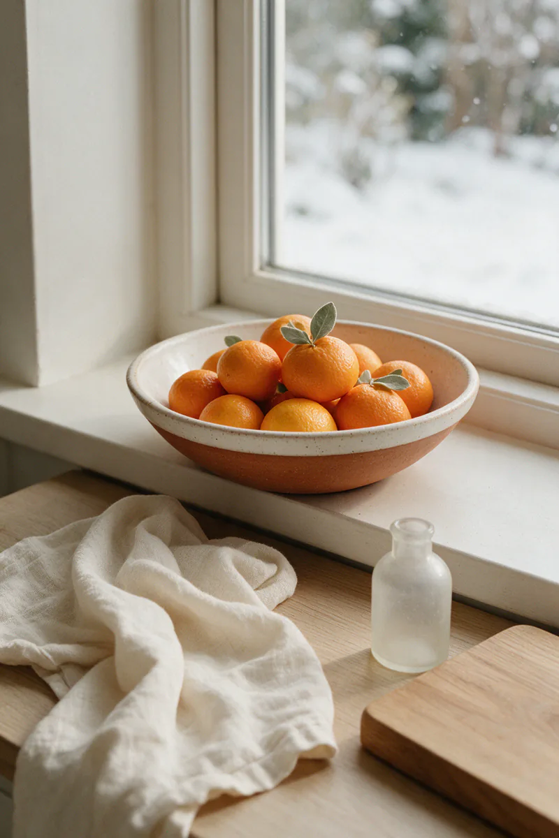 A bowl of clementines on a windowsill with a snowy garden outside.
