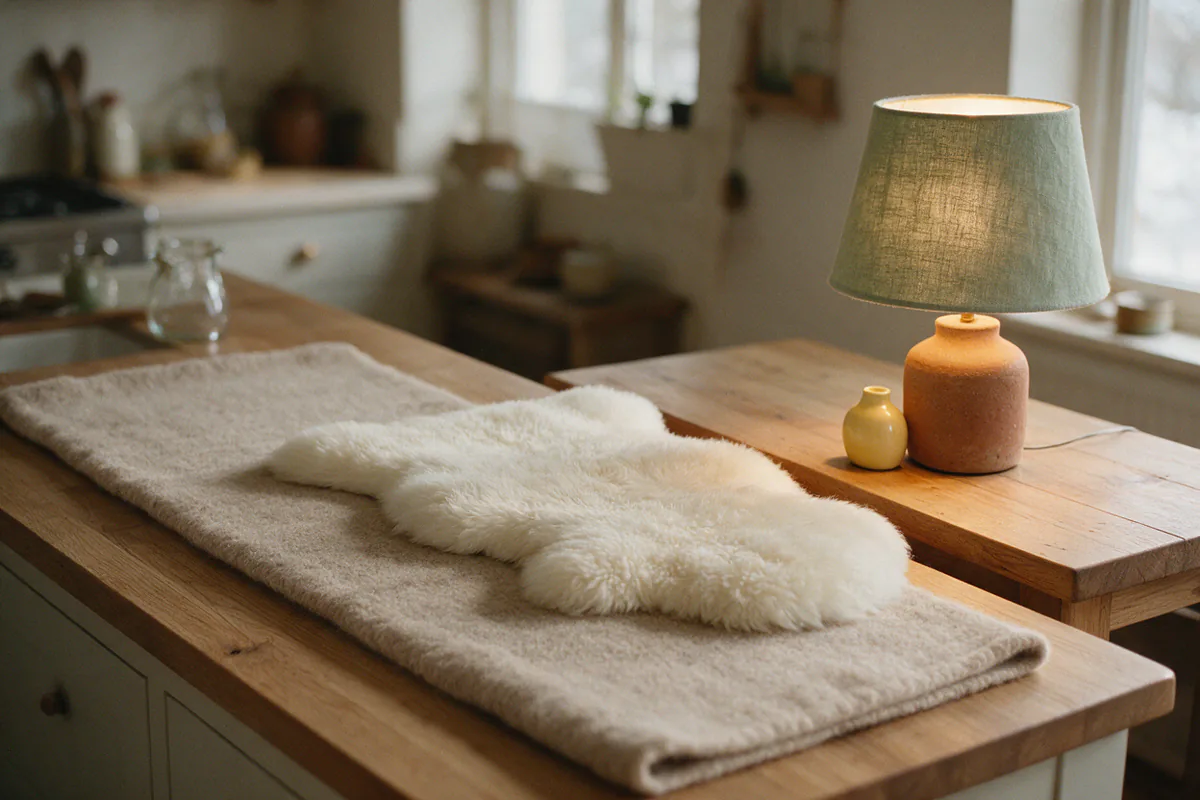 A wool runner and a sheepskin on a kitchen bench in lamp light.