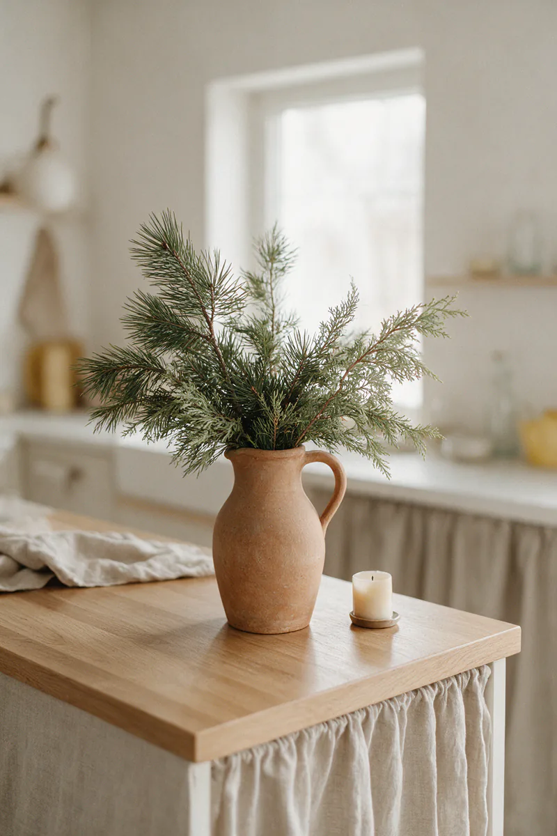 A jug of fresh pine and cedar branches next to a small candle.