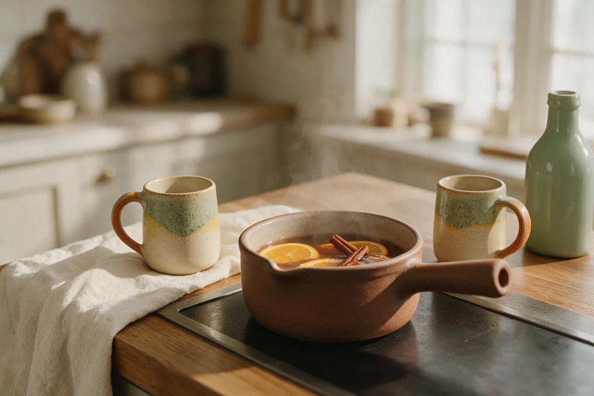 A saucepan of mulled cider with orange slices and two mugs beside it.