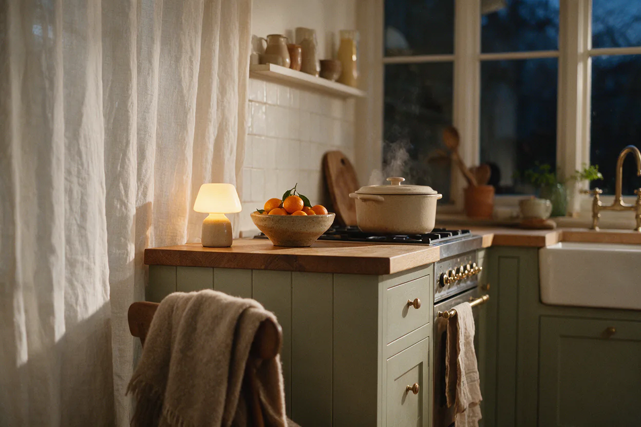 A warm kitchen on a winter evening with a lamp glowing on the counter, a bowl of clementines and a pot on the stove.