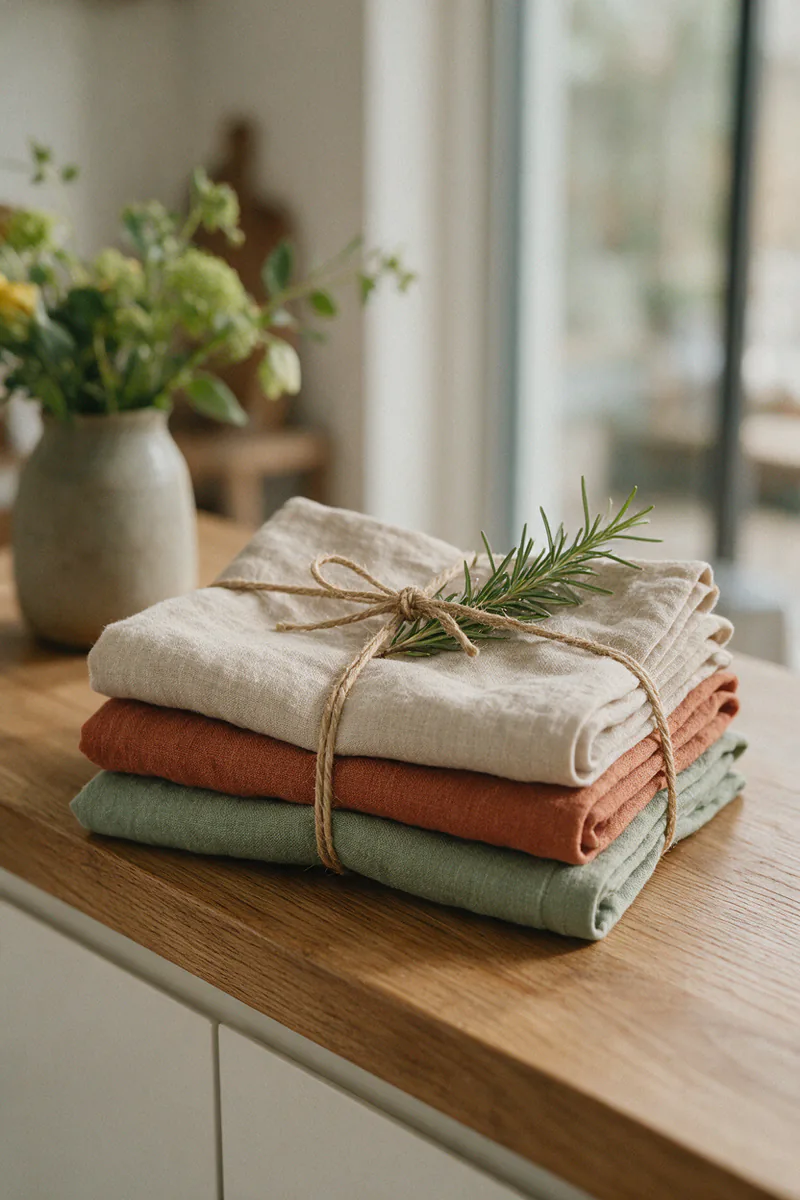 Linen tea towels tied with twine and a sprig of rosemary.