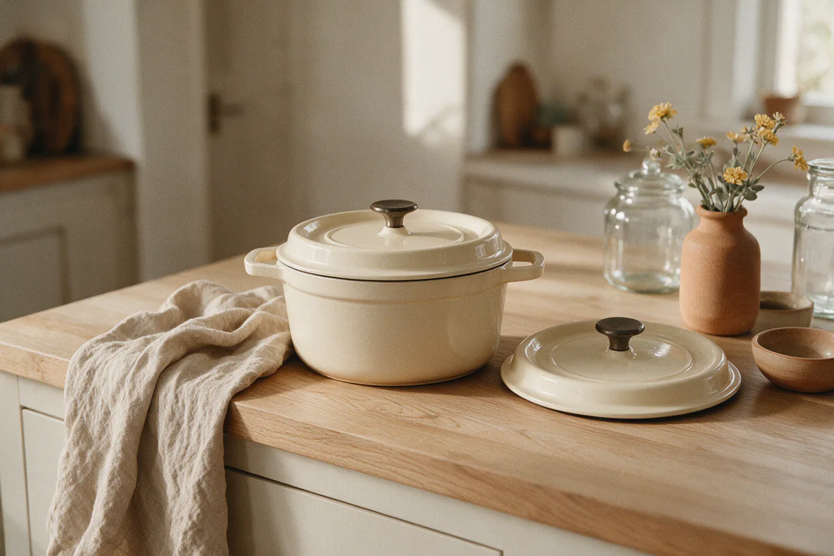 A cream enameled cast iron pot on a wooden counter.