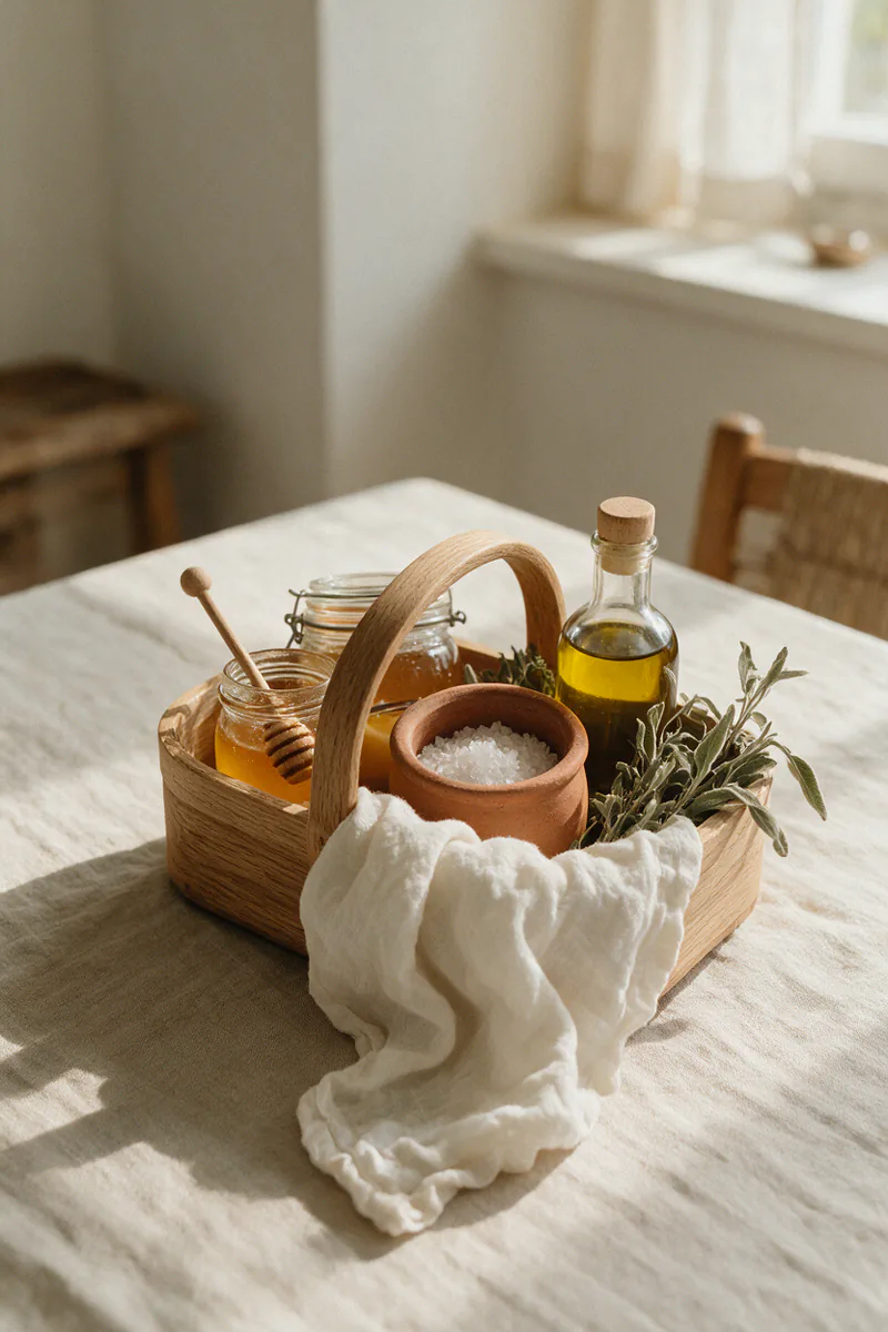 A gift basket with honey, sea salt, olive oil and herbs on linen.