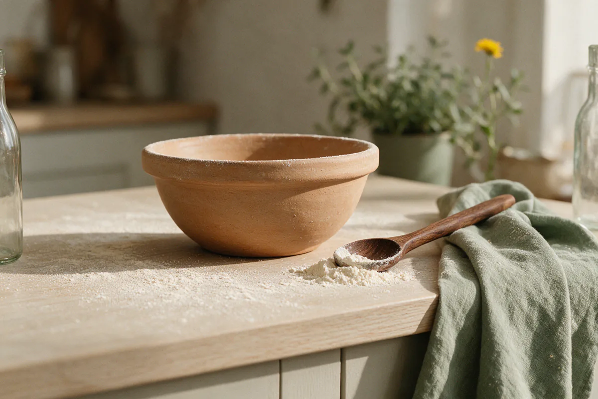 A stoneware mixing bowl and a wooden spoon on a floured counter.