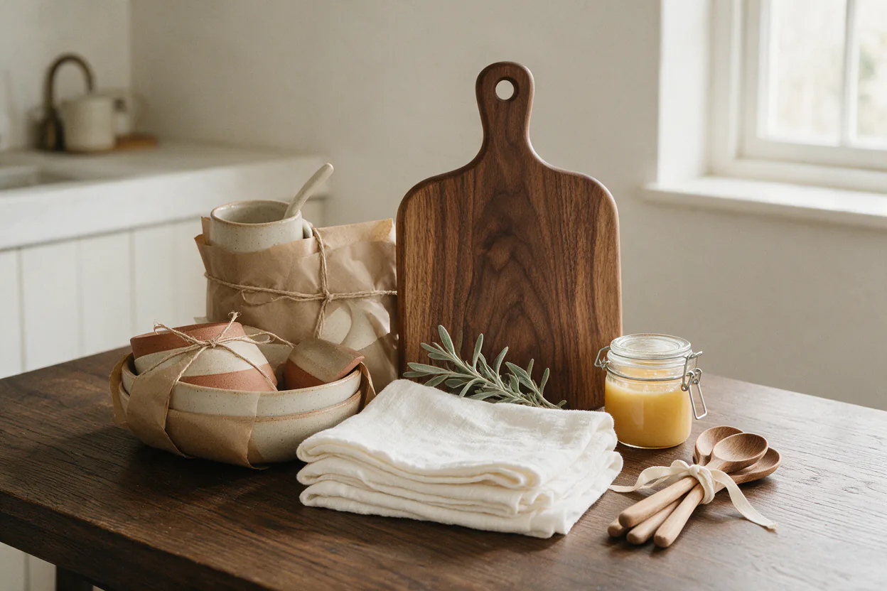 Kitchen gifts wrapped in brown paper and linen on a wooden table: a cutting board, tea towels, a jar of honey and a wooden spoon.