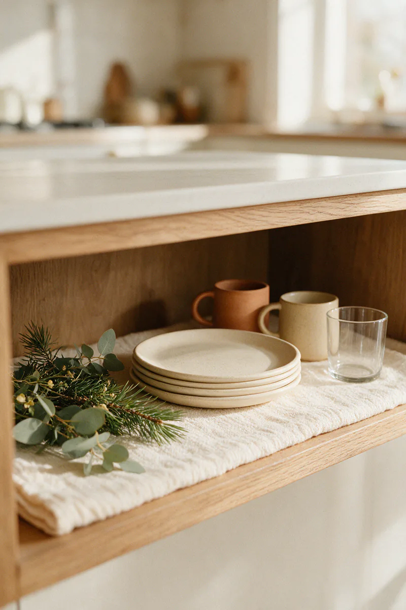 A shelf with loose sprigs of pine and eucalyptus beside cream plates and mugs.