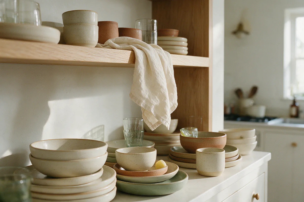 Empty open kitchen shelves being wiped clean, dishes grouped on the counter below.