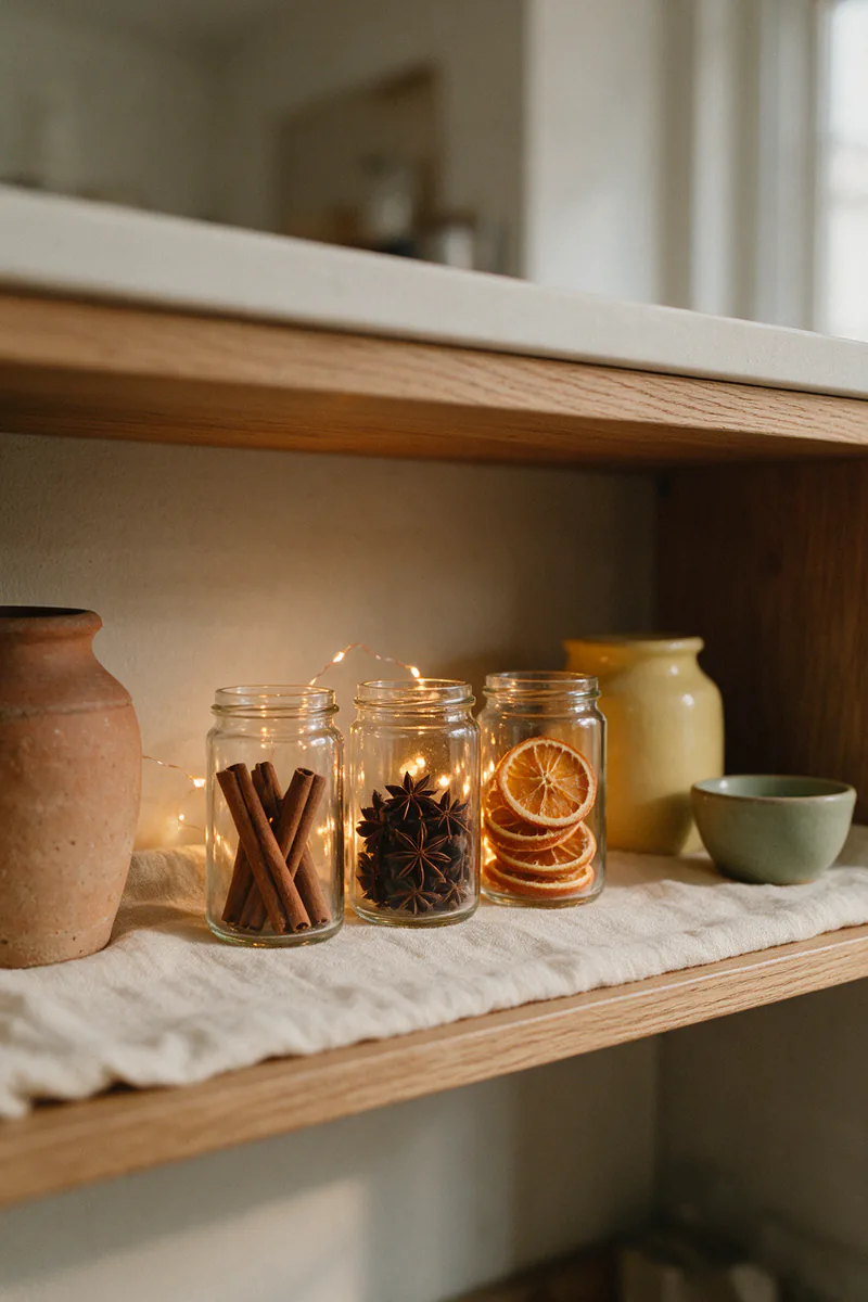 Glass spice jars on a shelf with a string of warm lights glowing behind them.