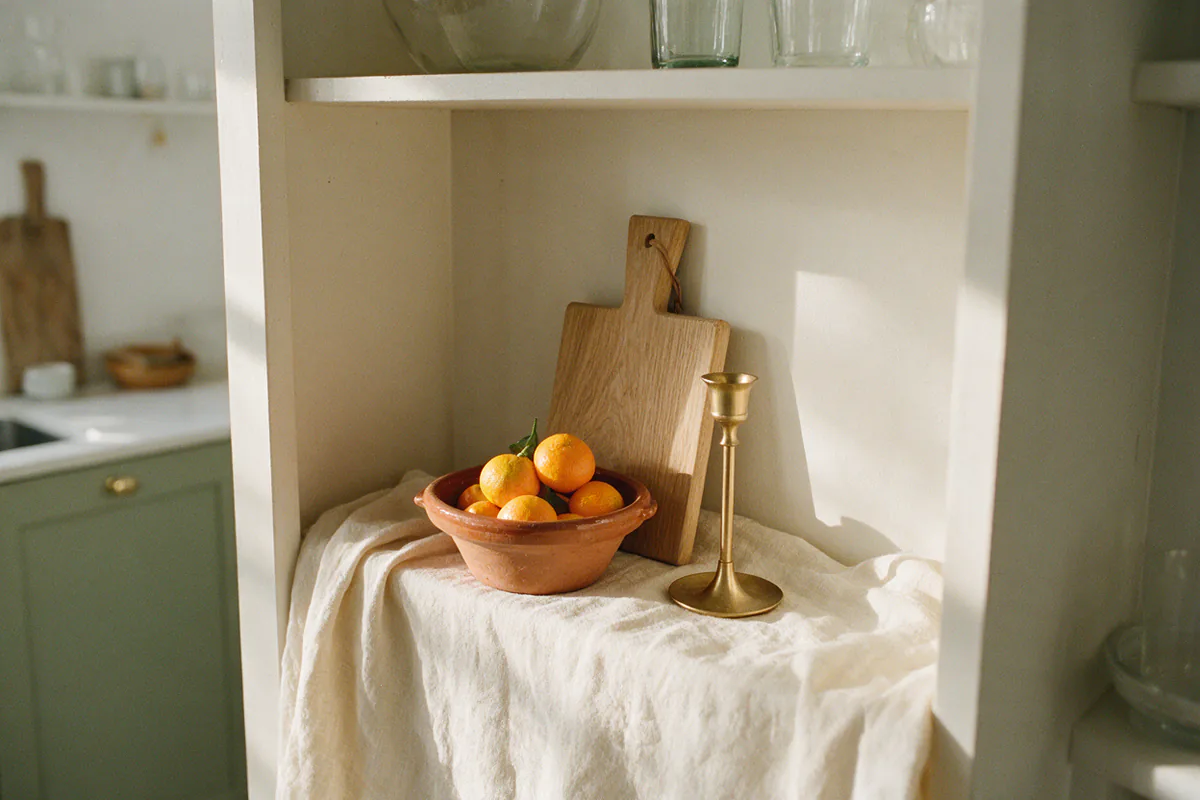 A shelf with a wooden board, a bowl of clementines and a brass candlestick.