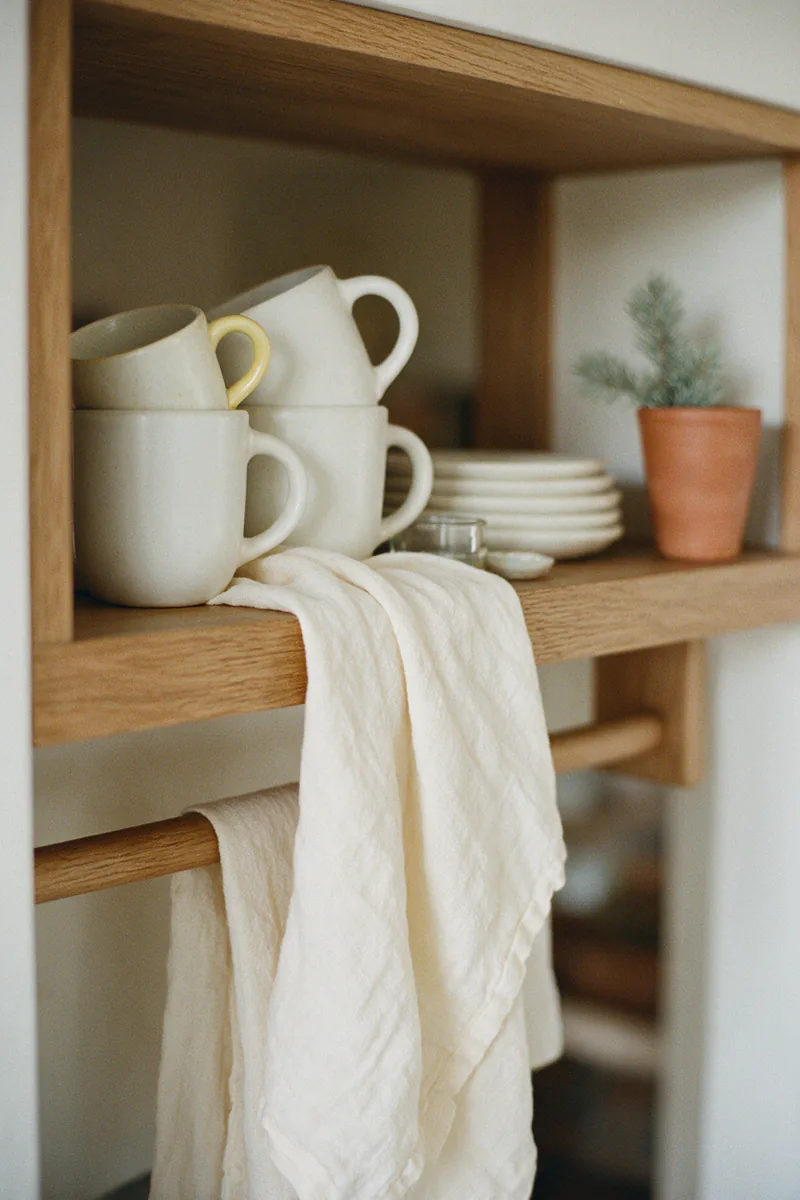A lower shelf with everyday mugs and plates and a small pine sprig in a cup.