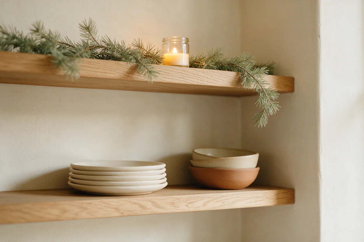 Open wooden kitchen shelves with white dishes, a small pine garland and a glowing candle in a glass jar.