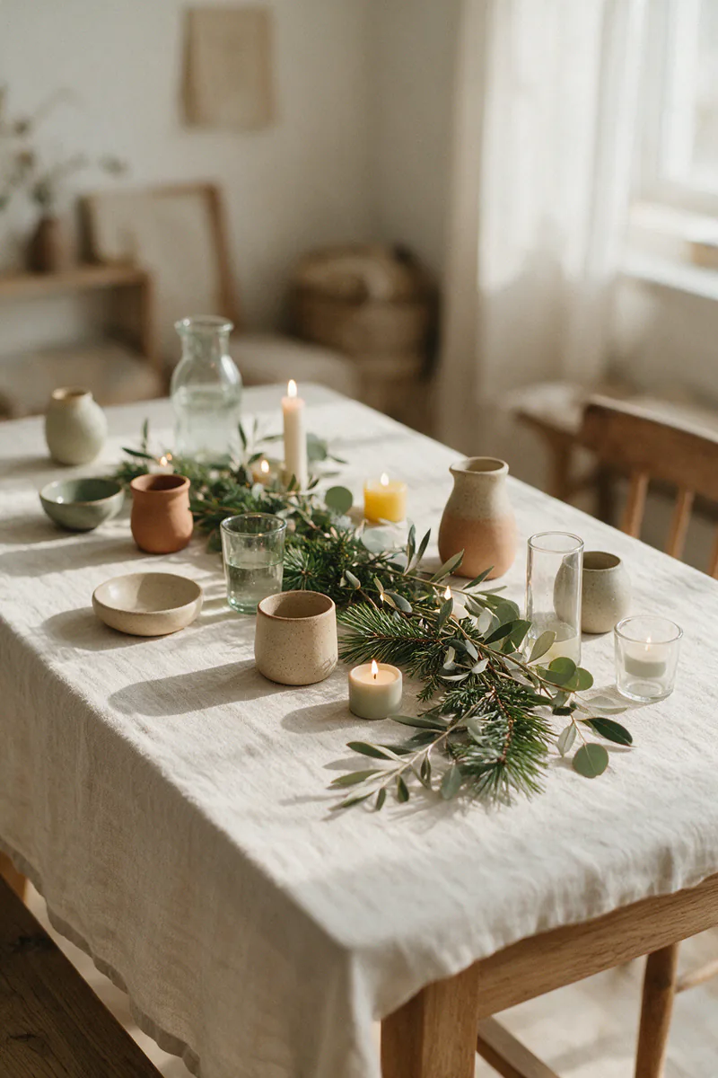 A loose garland of pine and eucalyptus down a linen-covered table.