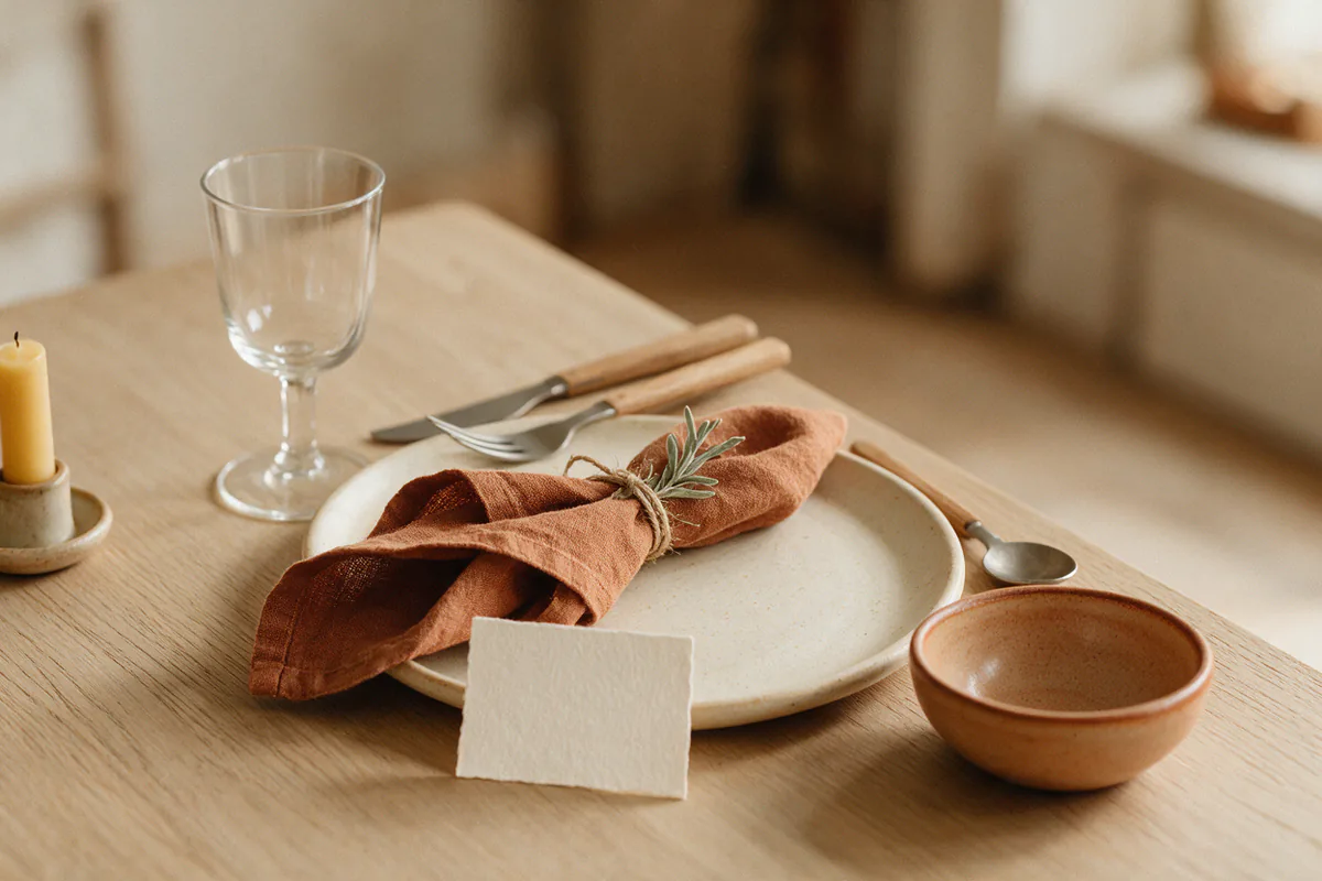 A place setting with a linen napkin tied with twine and a rosemary sprig.