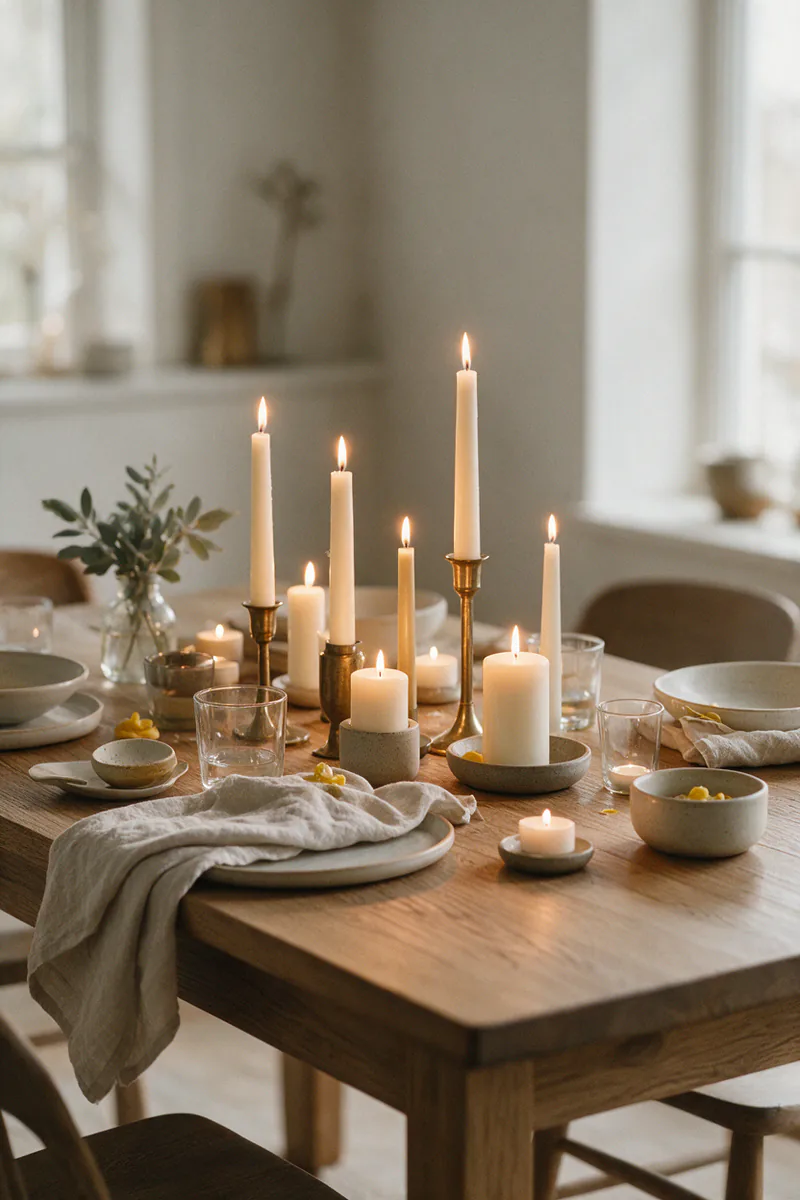 Lit candles of different heights in brass and ceramic holders.