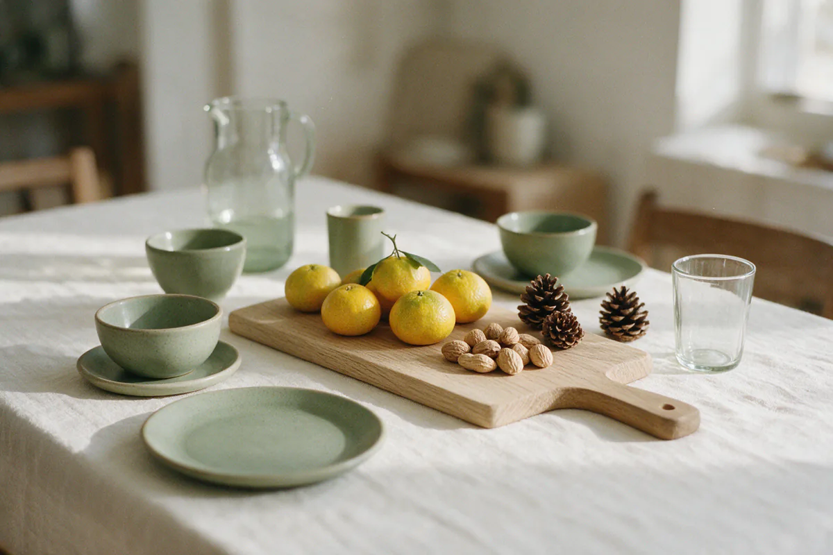 A wooden board with clementines, nuts and pinecones on a linen tablecloth.