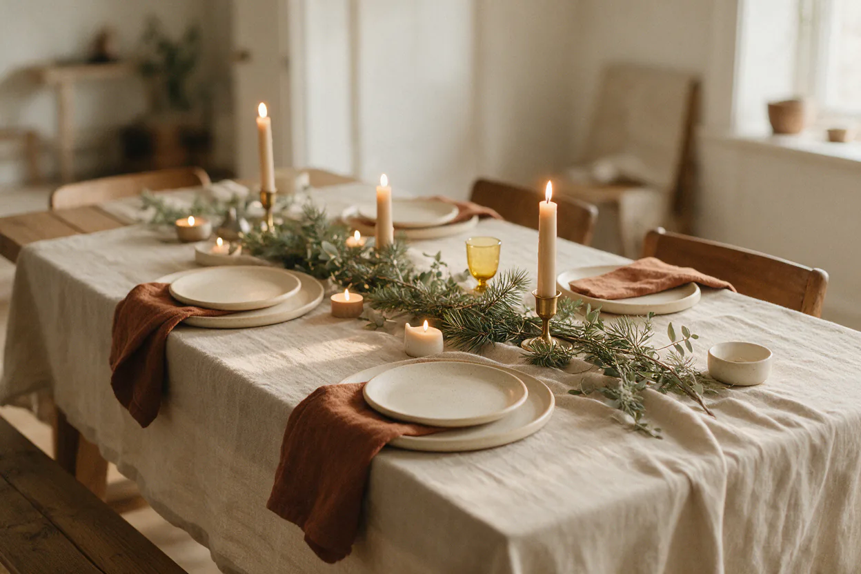 A long wooden table set for a holiday dinner with linen napkins, greenery down the middle and lit candles.