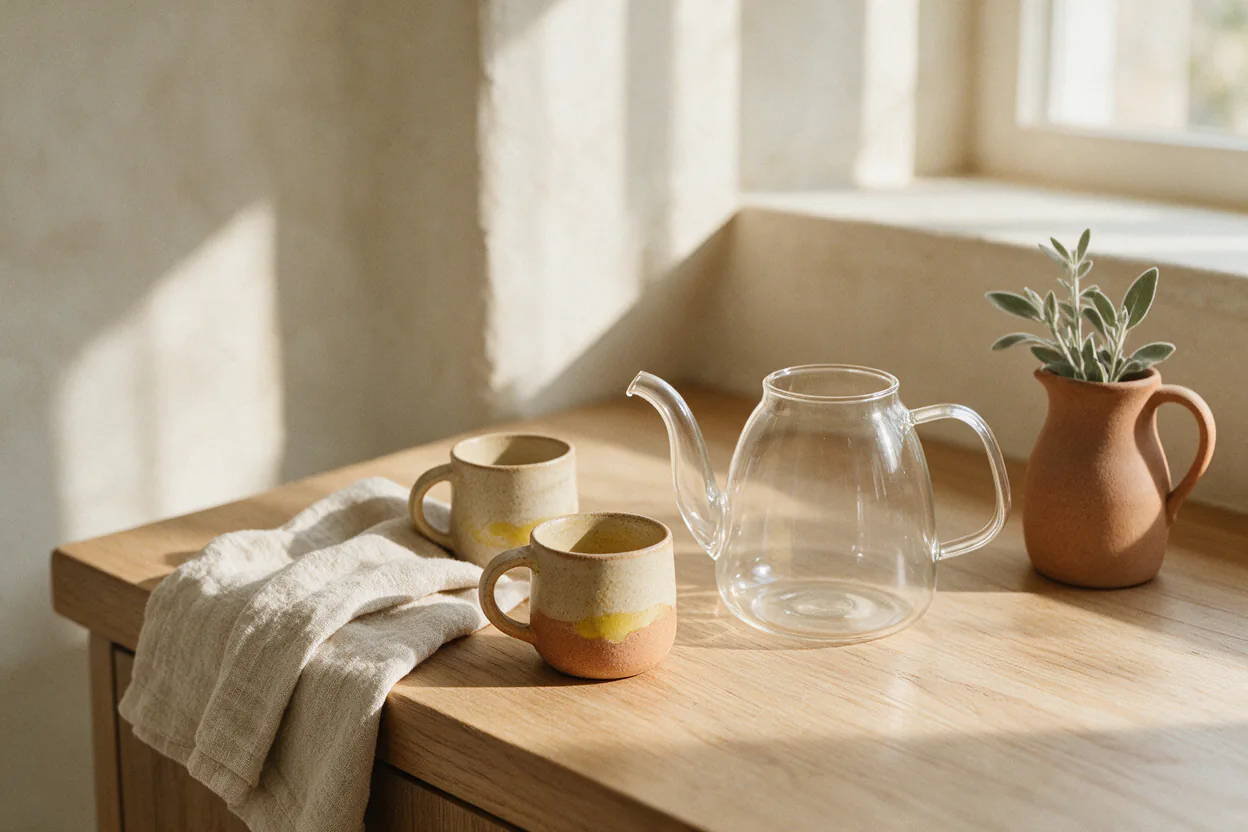 A sunlit kitchen counter with a kettle, ceramic mugs and a folded linen towel.