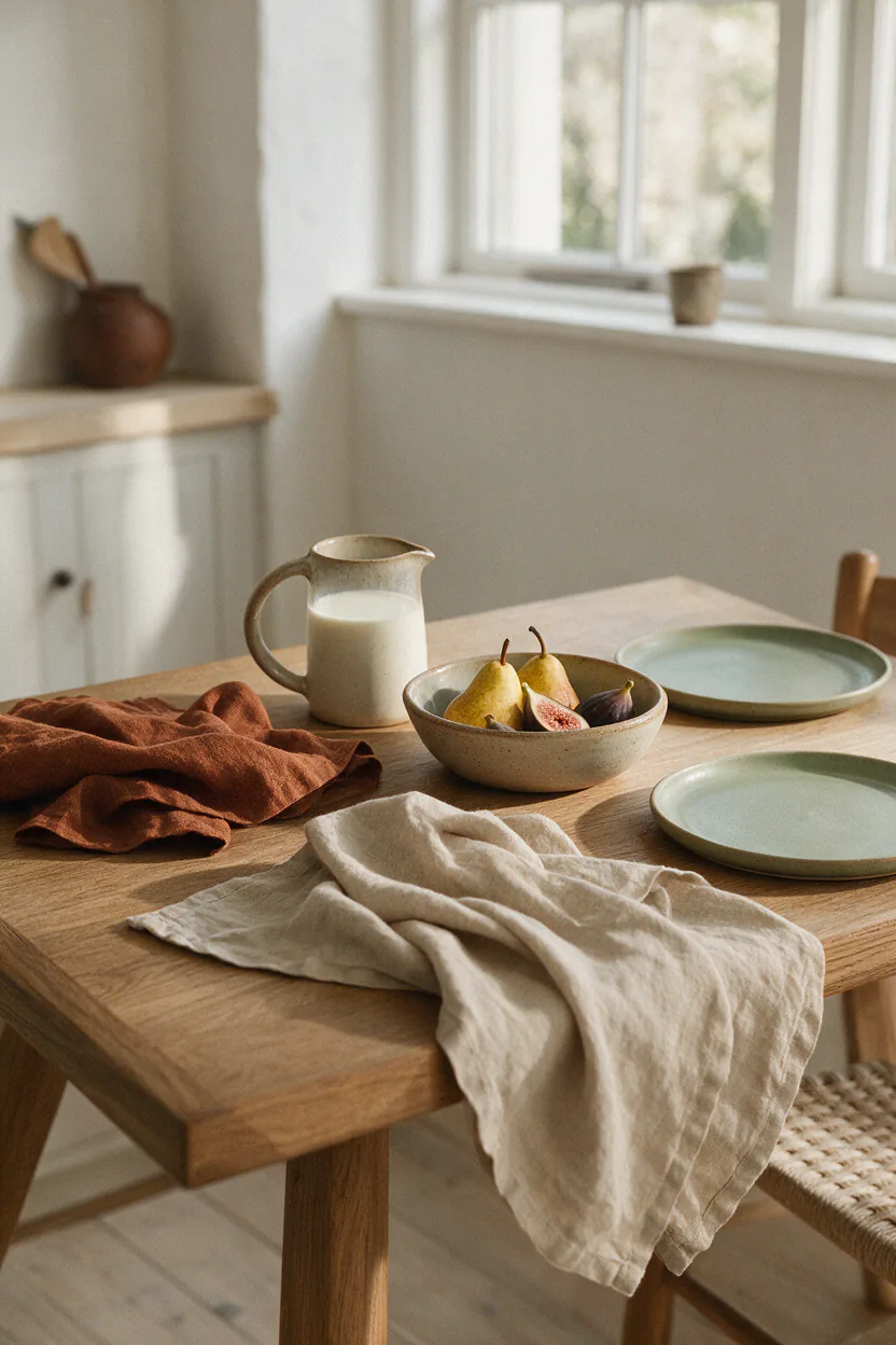 A breakfast table laid with linen napkins, a jug of milk and a bowl of fruit.