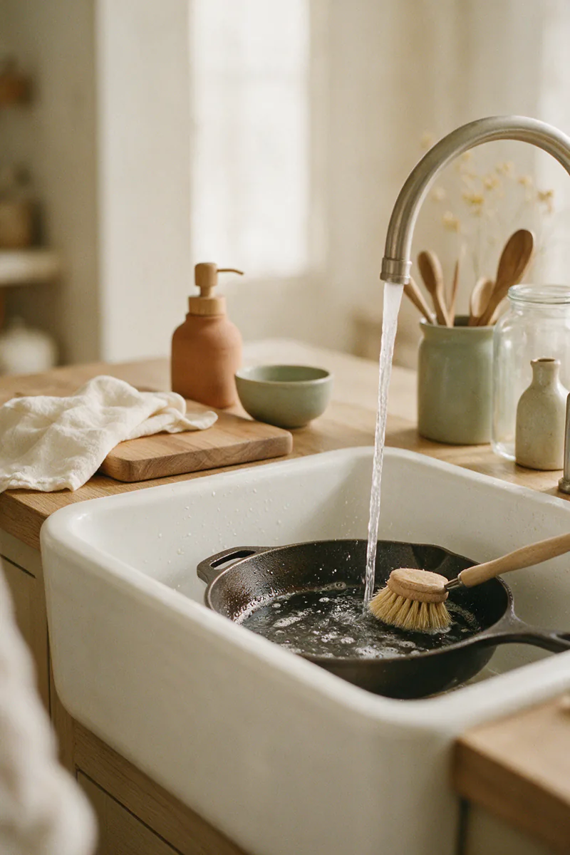 A cast iron skillet being scrubbed with a bristle brush in a farmhouse sink.