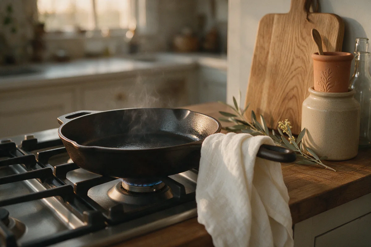 A cast iron skillet drying on a low gas flame with a wisp of steam.