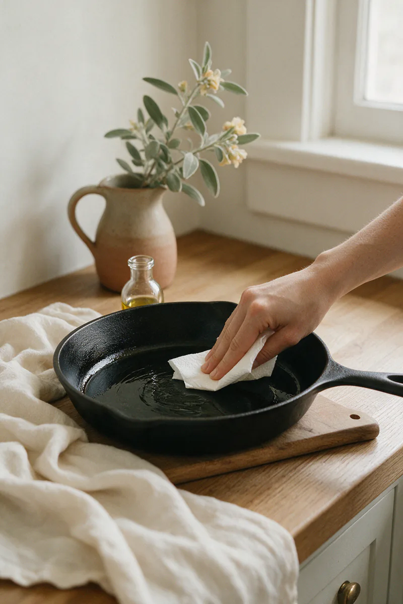A paper towel rubbing a thin layer of oil into a cast iron skillet.