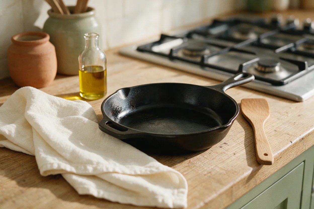 A well-seasoned cast iron skillet on a wooden counter next to a linen towel and a small bottle of oil.