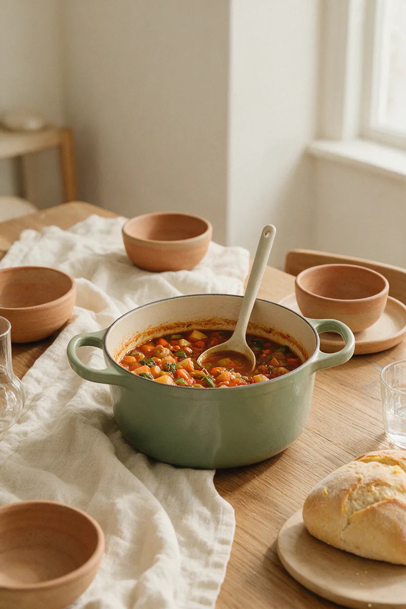 An enameled Dutch oven full of vegetable stew on a wooden table.