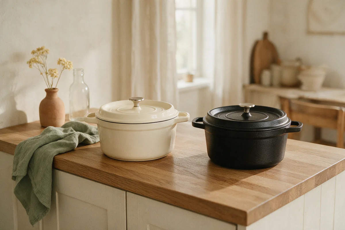 A cream enameled Dutch oven and a black bare cast iron Dutch oven side by side.