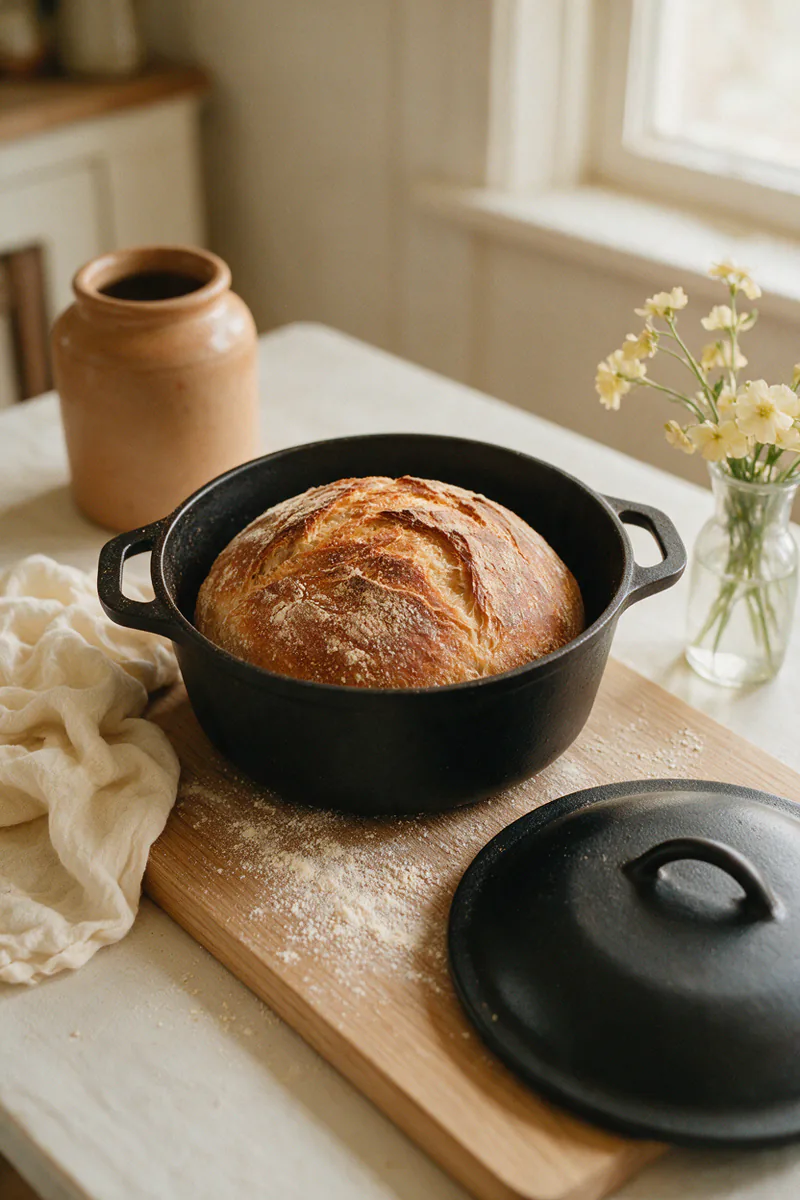 A crusty loaf of bread just baked in a black cast iron Dutch oven.