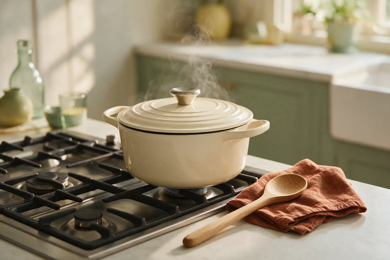A cream enameled Dutch oven on a stove with a wooden spoon and a linen towel beside it.