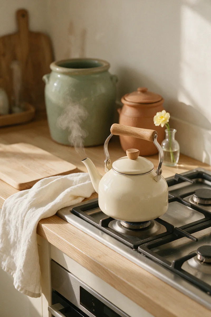 A cream enamel stovetop kettle on a gas stove with a little steam.