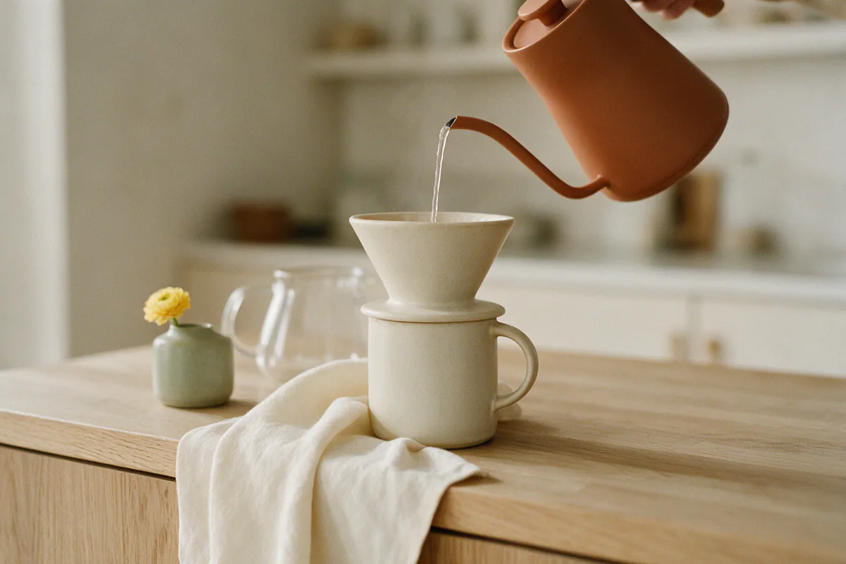 A gooseneck kettle pouring a thin stream into a pour-over cone.