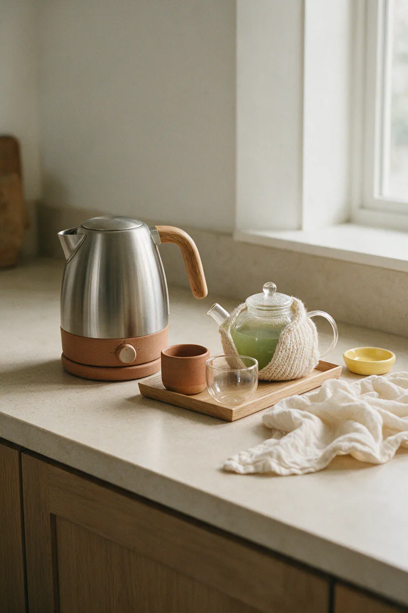 An electric kettle with a temperature dial beside a glass teapot of green tea.