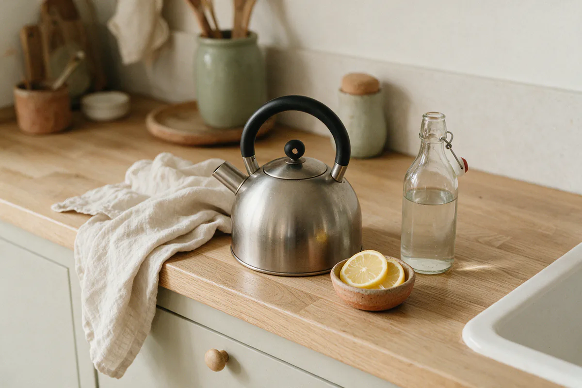 A kettle with lemon slices and white vinegar ready for descaling.