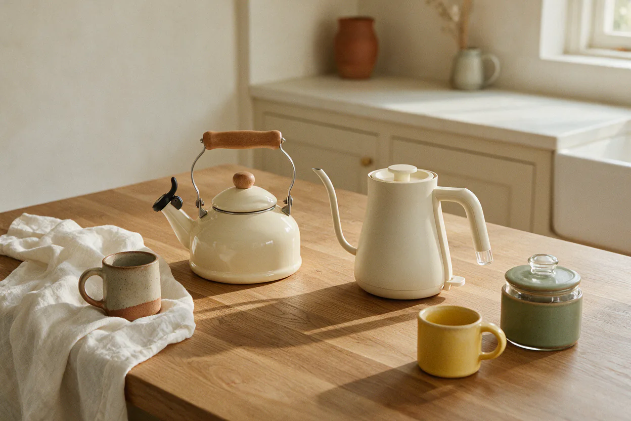 A stovetop kettle and a gooseneck electric kettle side by side on a kitchen counter with ceramic mugs.