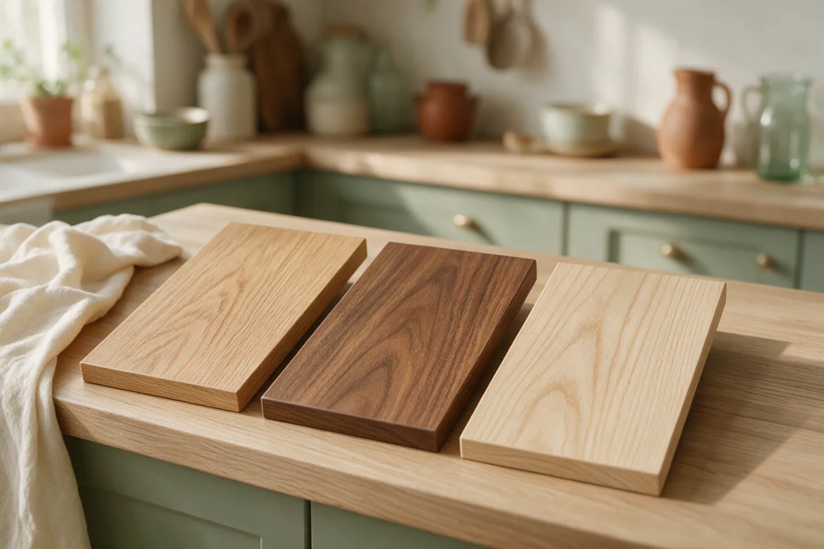 Three shelf boards side by side: light oak, warm walnut and pale ash.