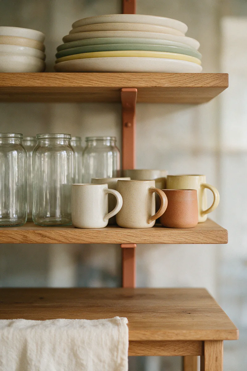 Open shelves with comfortable spacing, jars and mugs below and plates above.