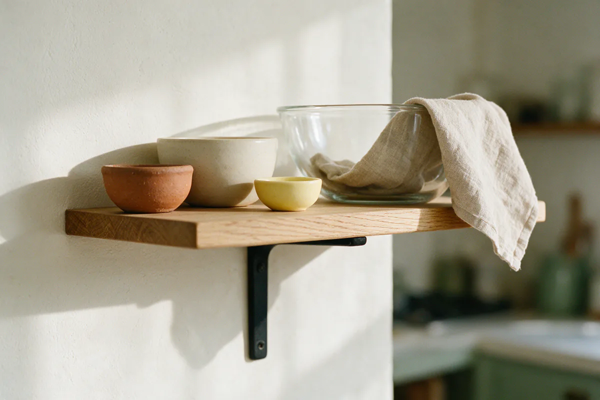 A simple black metal bracket supporting a wooden shelf with bowls on top.