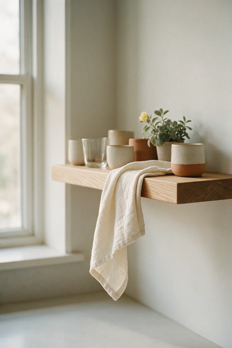 A floating oak shelf by a window with stoneware cups and a small plant.